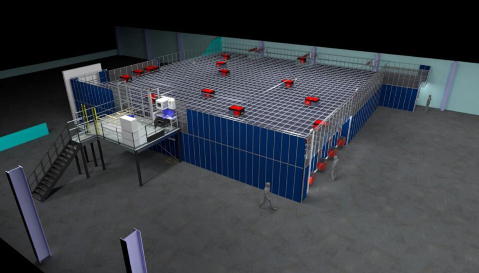 Slik skal anlegget i butikken i Rødovre bli. Det tar 665 kvadratmeter gulvareal, med kasser i 5,3 meters høyd. Det er plass til 18.600 kasser, og er utstyrt med sju conveyorporter og en pickup-port.