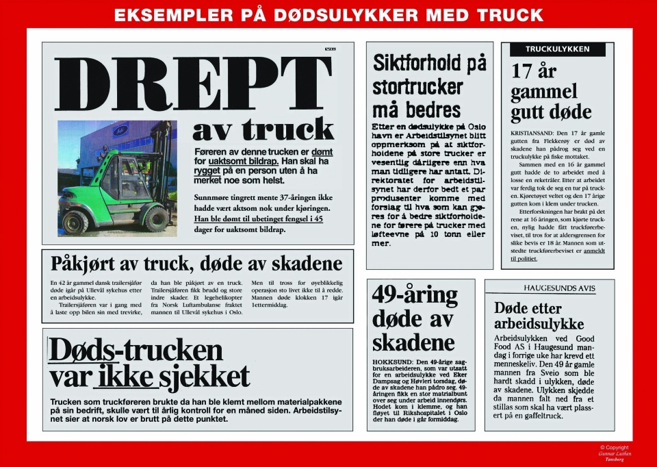 ULYKKER: Et knippe avisutklipp om truckulykker som burde ha vært unngått. Gunnar Luthen