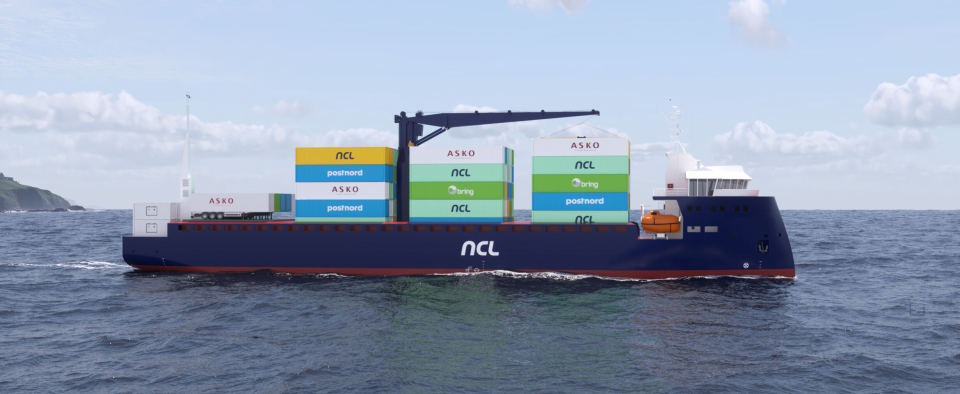 Slik tenker NCL seg at et elektrisk godsskip på strekningen Bodø-Tromsø kan se ut.