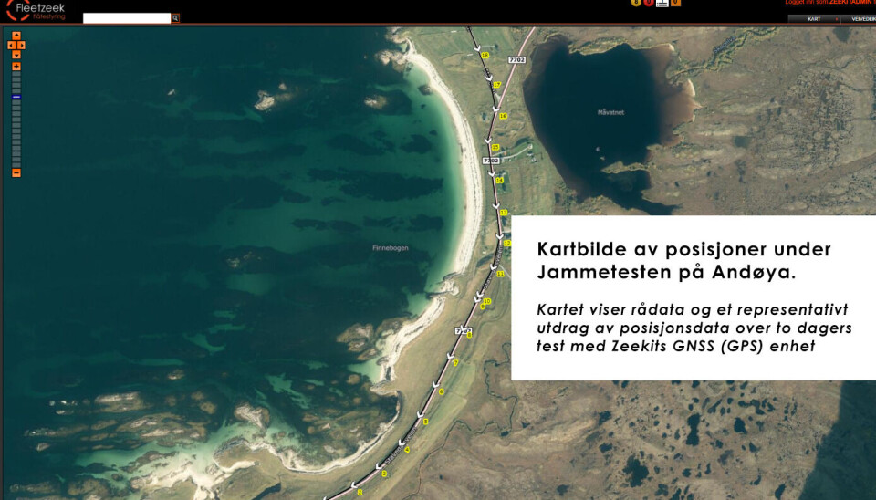 ANDØYA: Kartbilde av posisjoner under Jammetesten på Andøya som viser rådata og et representativt utdrag av posisjonsdata over to dagers test med Zeekits GNSS (GPS) enhet